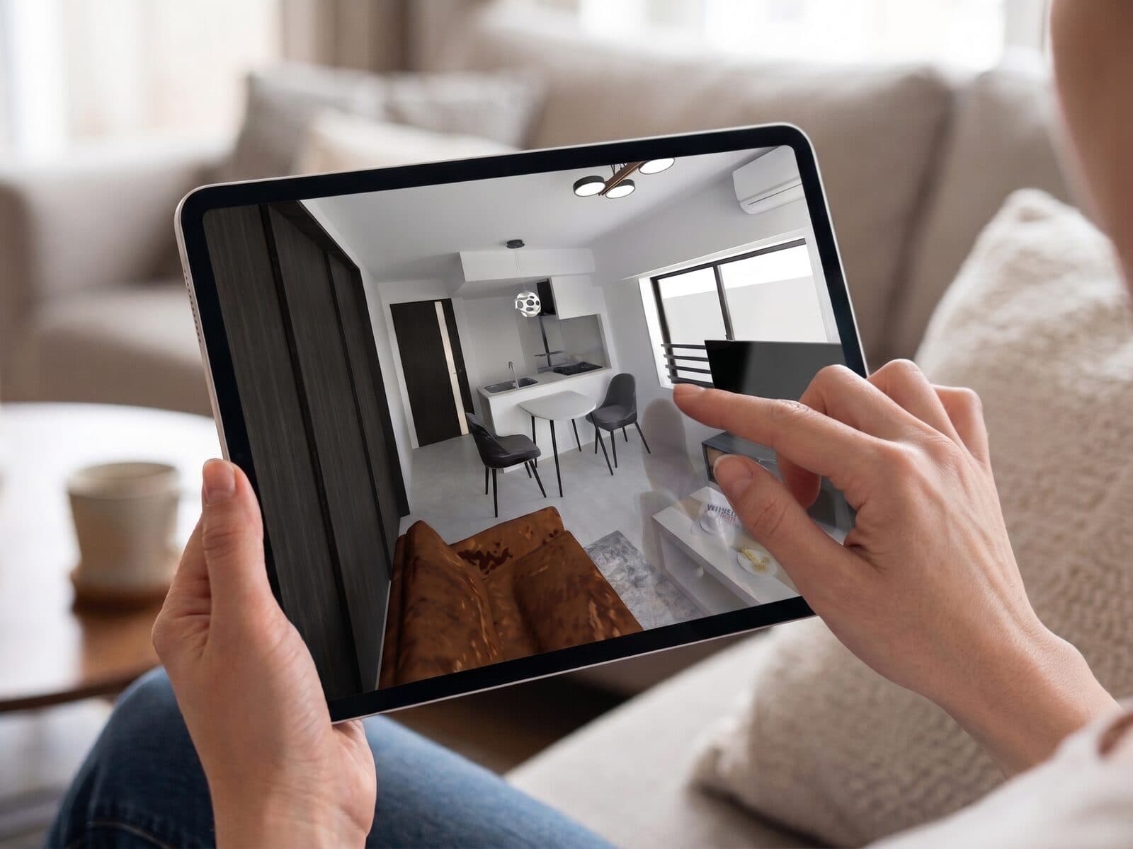タブレットで室内のVRシミュレーションを閲覧しているイメージ